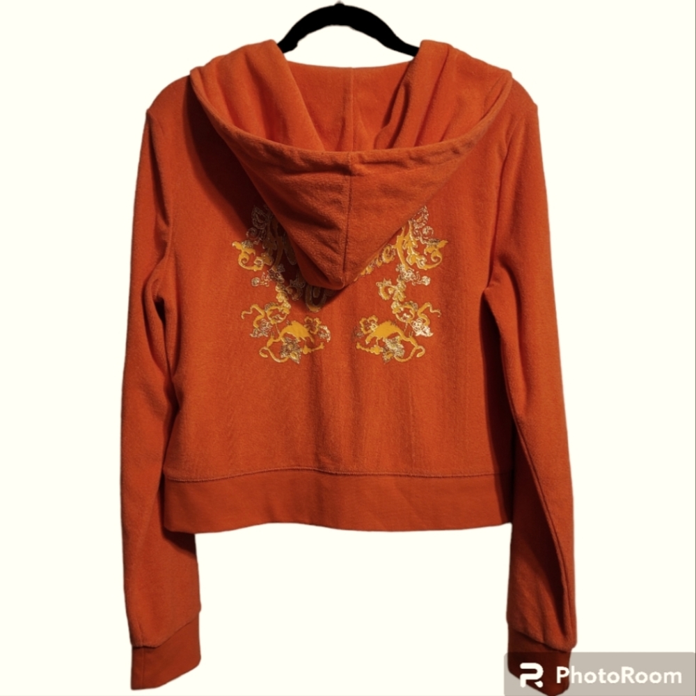 Juicy Couture Hoodie Jacket Women's Large Orange Terry Cloth Zip-Up Vintage Logo - Picture 7 of 10